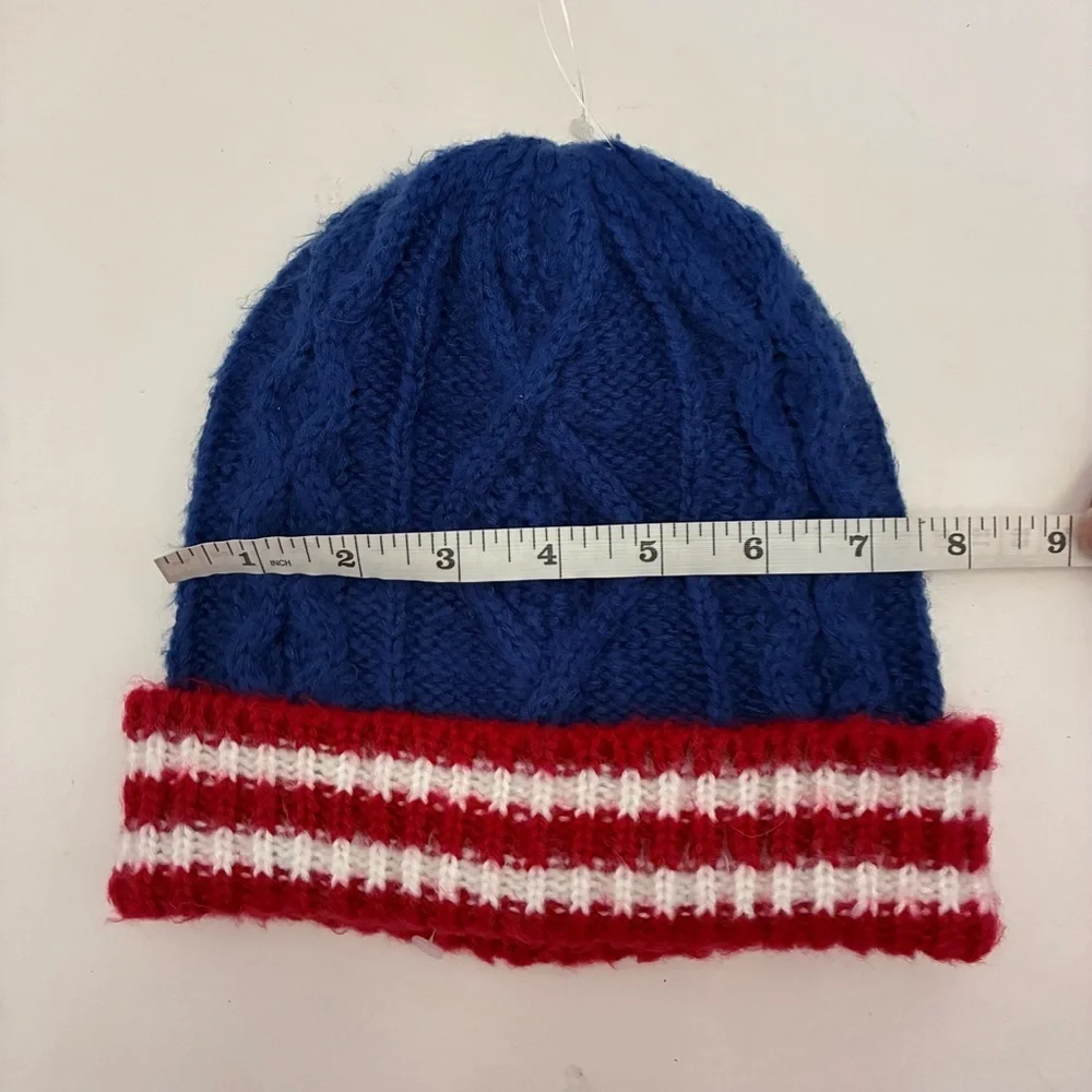 Boden Kids Blue with Red Stripes Folded Cuff Cable Knit Hat Beanie Size Small